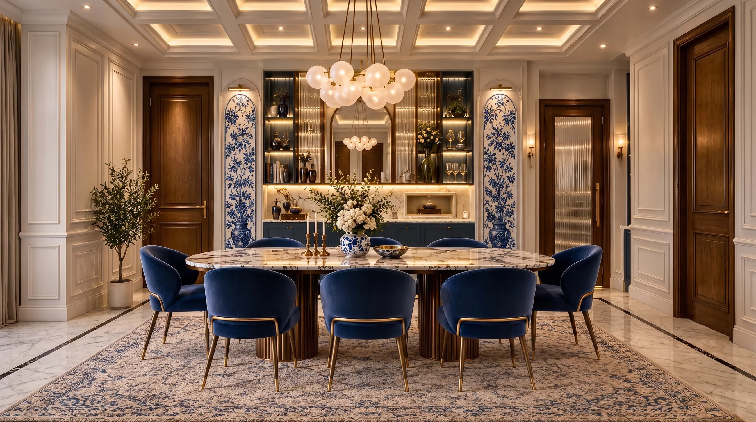 A dining room with blue velvet chairs in front of a lit crockery wall